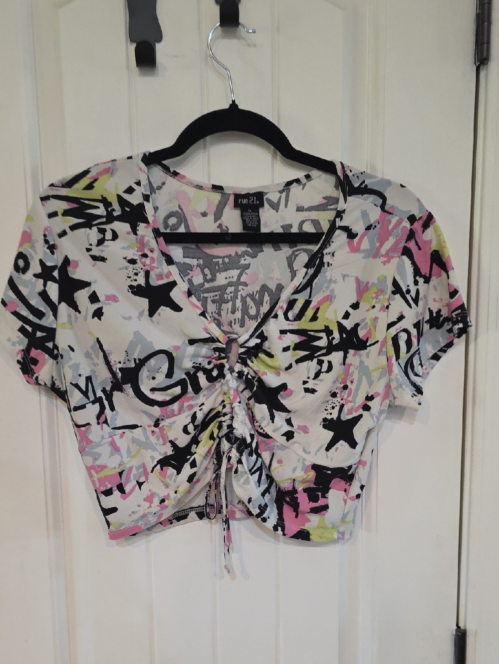Rue21 White Graffiti Ruched Drawstring Crop Top